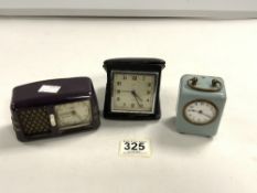 A SMALL RADIO FORM BEDSIDE ALARM CLOCK BY PETER, A MAPPIN 8 DAY TRAVEL ALARM CLOCK, AND AN ENAMEL