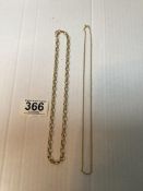 A HALLMARKED 375 9CT BELCHER CHAIN 17.3 GRAMS., AND HALLMARKED 750 GOLD ROPE CHAIN, 3.8 GMS.
