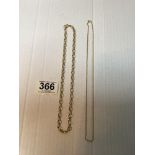 A HALLMARKED 375 9CT BELCHER CHAIN 17.3 GRAMS., AND HALLMARKED 750 GOLD ROPE CHAIN, 3.8 GMS.