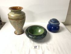 TWO ROYAL DOULTON STONEWARE VASES, TALLEST, 22CMS, AND A ROYAL DOULTON GLAZED STONEWARE BOWL.