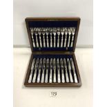 A TWENTY-FOUR PIECE SILVER-PLATED AND MOTHER O PEARL HANDLED KNIFE AND FORK SET IN CASE.