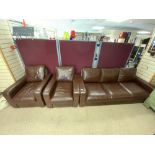 THREE SEATER BROWN LEATHER SOFA 220CM WITH TWO MATCHING LEATHER CHAIRS