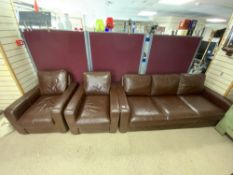 THREE SEATER BROWN LEATHER SOFA 220CM WITH TWO MATCHING LEATHER CHAIRS