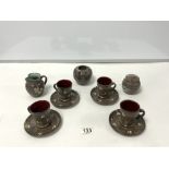 SET OF FOUR FISHLEY HOLLAND STUDIO POTTERY CUPS AND SAUCERS, CREAM JUG, SUGAR POT AND A VASE.