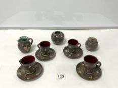SET OF FOUR FISHLEY HOLLAND STUDIO POTTERY CUPS AND SAUCERS, CREAM JUG, SUGAR POT AND A VASE.