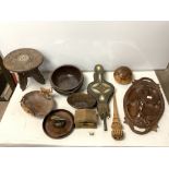 AFRICAN CARVED FRUIT BOWL, OTHER CARVED ITEMS, AND A PAIR OF BELLOWS.