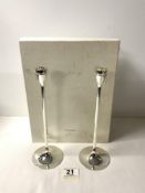 A PAIR OF VERA WANG SILVER PLATED CANDLESTICKS WITH BOX - BY WEDGEWOOD, 26CMS.