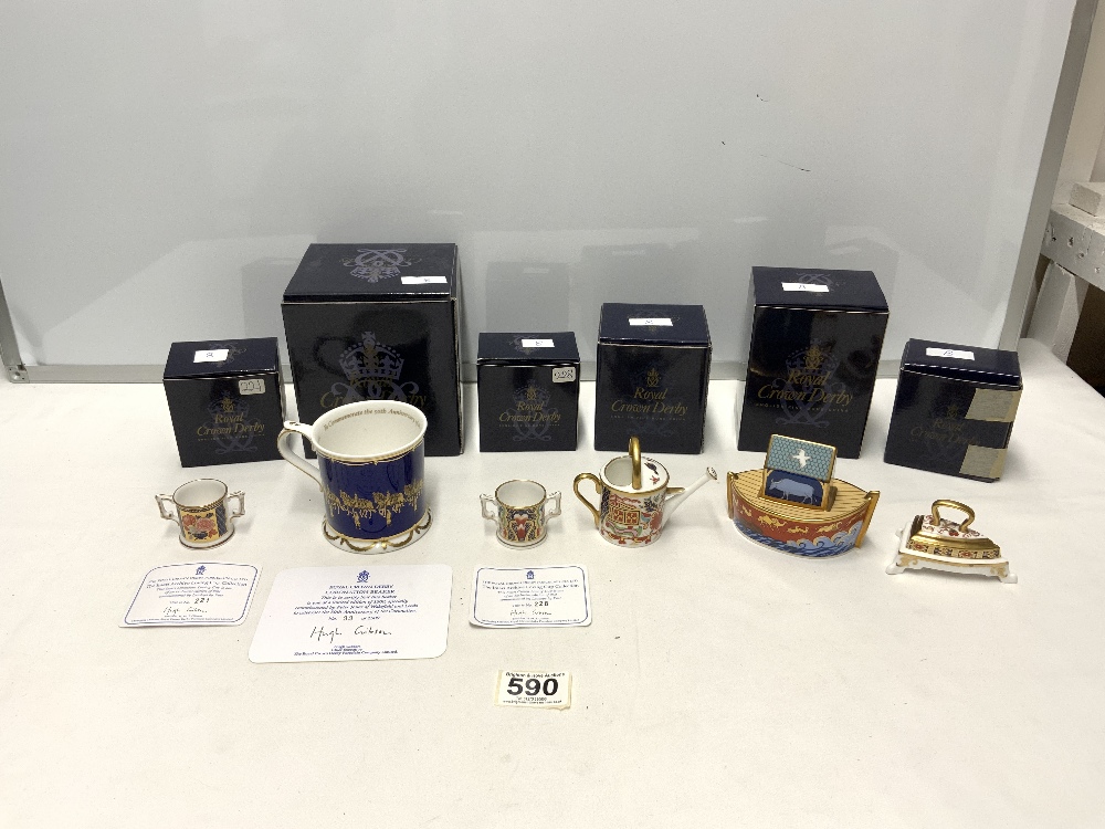 SIX BOXED ROYAL CROWN DERBY PIECES CORONATION BEAKER, NOAH'S ARK, WATERING CAN, IRON, SPLENDOR