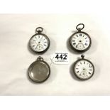 TWO HALLMARKED SILVER POCKET WATCHES [AF], ANOTHER MARKED 935, AND A SILVER WATCH CASE.