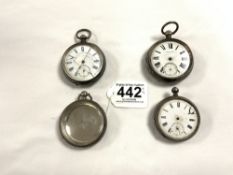 TWO HALLMARKED SILVER POCKET WATCHES [AF], ANOTHER MARKED 935, AND A SILVER WATCH CASE.