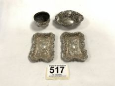 PAIR OF VICTORIAN HALLMARKED SILVER EMBOSSED RECTANGULAR DISHES DATED 1867 7.5CM WITH ONE OTHER