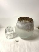 ART GLASS CRACKLE AND MOTTLED DESIGN VASE, 24X16, AND A MODERN GLASS STORAGE JAR.