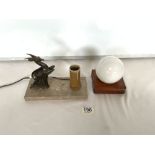 A FRENCH ART DECO SPELTER PRANCING DEER LAMP ON MARBLE BASE, AND A SMALL MID CENTURY GLASS GLOBE