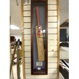 A PRESENTED TO CROWN & ANCHOR PUB - CRICKET BAT IN DISPLAY CASE, SIGNED BY SUSSEX COUNTY CRICKET