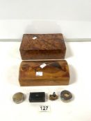 A BURR YEWOOD CIGARETTE BOX, INLAID PIPE SMOKERS BOX, A SNUFF BOX AND MORE.