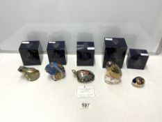 FIVE BOXED ROYAL CROWN DERBY PIECES KINGFISHER, FOUNTAIN FROG, TERRAPIN, GREY SQUIRREL AND BLUE