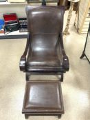 BROWN LEATHER SLAY ARMCHAIR WITH MATCHING STOOL