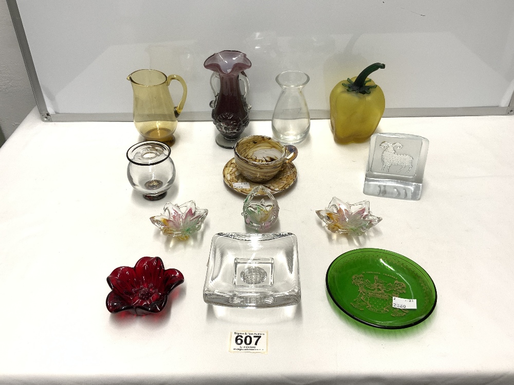 MIXED ART GLASS FLOWERS,VASES AND CUP AND SAUCER AND MORE