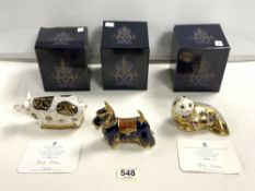 THREE ROYAL CROWN DERBY ANIMALS WITH BOXES PIG DOG AND SEAL