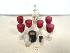 SIX CRANBERRY WINE GLASSES, A GILT-DECORATED LIQUER DECANTER, AND TWO GLASS MEASURING BEAKERS (