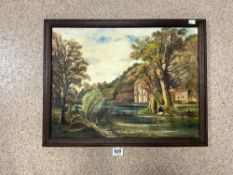 ROBERT F CALROW SIGNED 1916 - 2012 OIL ON CANVAS - RIVER LANDSCAPE WITH FIGURES AND BUILDINGS SIGNED