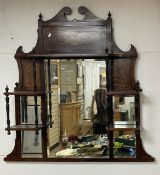VINTAGE WOODEN OVERMANTLE MIRROR WITH DECORATIVE INLAY AND BEVELLED GLASS