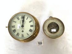 A SHIPS BRASS CLOCK BY SEWILL - LIVERPOOL, AND A CIRCULAR BRASS THERMOMETER BY A DOBBIE & SON CLEYDE