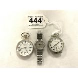 A LONGINES TRENCH WATCH [ AF ], A LADIES TISSOT WRIST WATCH, AND A QUARTZ POCKET WATCH.