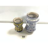 A BLUE AND WHITE DELFT DRUG JAR, 19CMS, AND A FIANCE DRUG JAR.