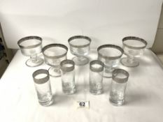 FIVE SILVERED RIM SUNDAE GLASSES, AND FOUR MATCHING SHORT GLASSES.