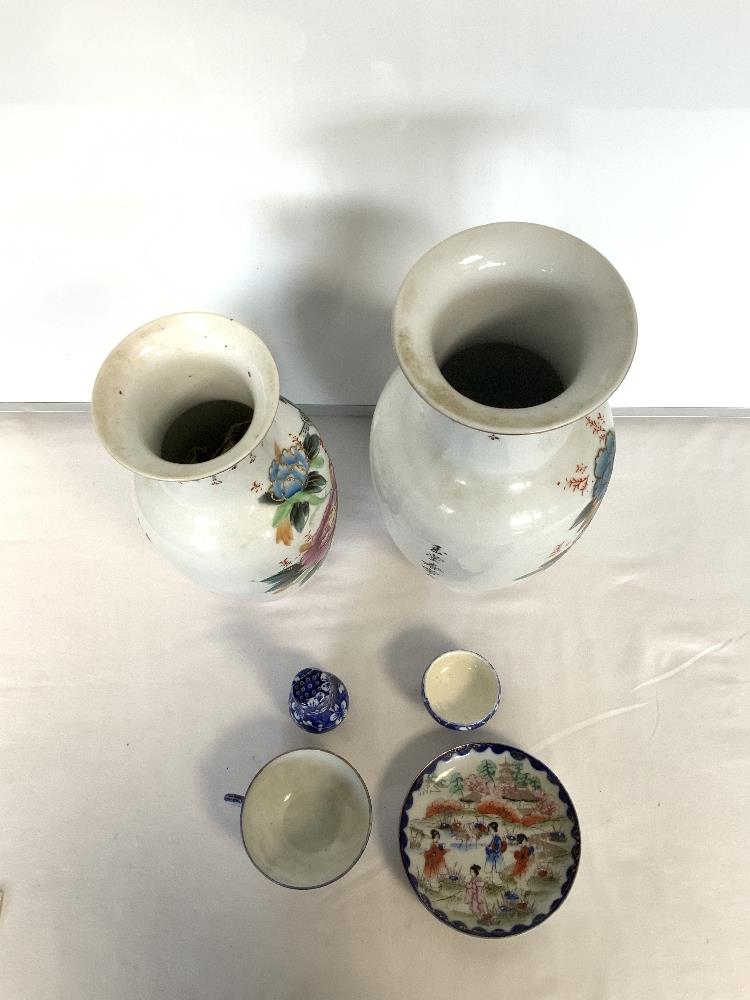 TWO MODERN CHINESE DESIGN VASES, 37 CMS, AND CUP AND SAUCER, SMALL BLUE AND WHITE VASE AND BOWL. - Image 2 of 8