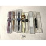 FIVE SWATCH WATCHES WITH CASES ALSO THREE EMPTY SWATCH CASES