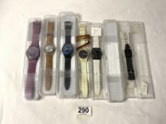 FIVE SWATCH WATCHES WITH CASES ALSO THREE EMPTY SWATCH CASES