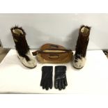 LADIES FUR BOOTS, MADE IN ITALY BY TECNICA, SIZE 39, AND FUR BAG, AND GLOVES.