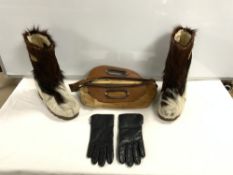 LADIES FUR BOOTS, MADE IN ITALY BY TECNICA, SIZE 39, AND FUR BAG, AND GLOVES.