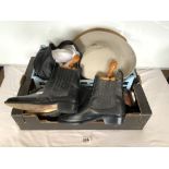 TWO PAIRS OF SHOES, ANKLE COWBOY STYLE BOOTS, AND HATS VARIOUS.