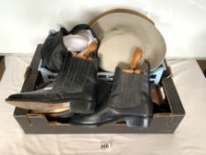 TWO PAIRS OF SHOES, ANKLE COWBOY STYLE BOOTS, AND HATS VARIOUS.