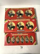 BRITAINS BOXED PAINTED METAL SOLDIERS - 3 LIFEGUARDS AND 3 HORSEGUARDS 7227, THREE MOUNTED