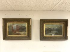 A PAIR OF VICTORIAN OILS ON CANVAS OF RIVER MOUNTAIN LANDSCAPES AND SAILING BOATS, IN EMBOSSED