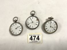 THREE VICTORIAN SILVER CASED LADIES FOB WATCHES