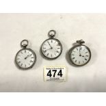 THREE VICTORIAN SILVER CASED LADIES FOB WATCHES