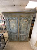 A 19 CENTURY FRENCH DECORATIVE PAINTED TWO PANELLED DOOR WARDROBE, 147X50X196 CMS.