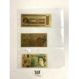 TWO GOLD-PLATED BANK NOTES WITH PRINCESS DIANA PORTRAITS, AND ONE WITH QUEEN ELIZABETH II.