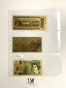 TWO GOLD-PLATED BANK NOTES WITH PRINCESS DIANA PORTRAITS, AND ONE WITH QUEEN ELIZABETH II.