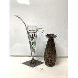 ART NOUVEAU HAMMERED AND PIERCED COPPER VASE, 35 CMS, AND ENAMELLED GLASS CONICAL VASE ON CHROME