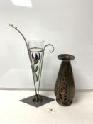 ART NOUVEAU HAMMERED AND PIERCED COPPER VASE, 35 CMS, AND ENAMELLED GLASS CONICAL VASE ON CHROME