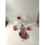 THREE WEBB CRYSTAL WINE GLASSES, A THISTLE TRUMPET GLASS VASE, A CRANBERRY GLASS CUSTARD CUP AND