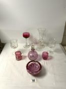 THREE WEBB CRYSTAL WINE GLASSES, A THISTLE TRUMPET GLASS VASE, A CRANBERRY GLASS CUSTARD CUP AND