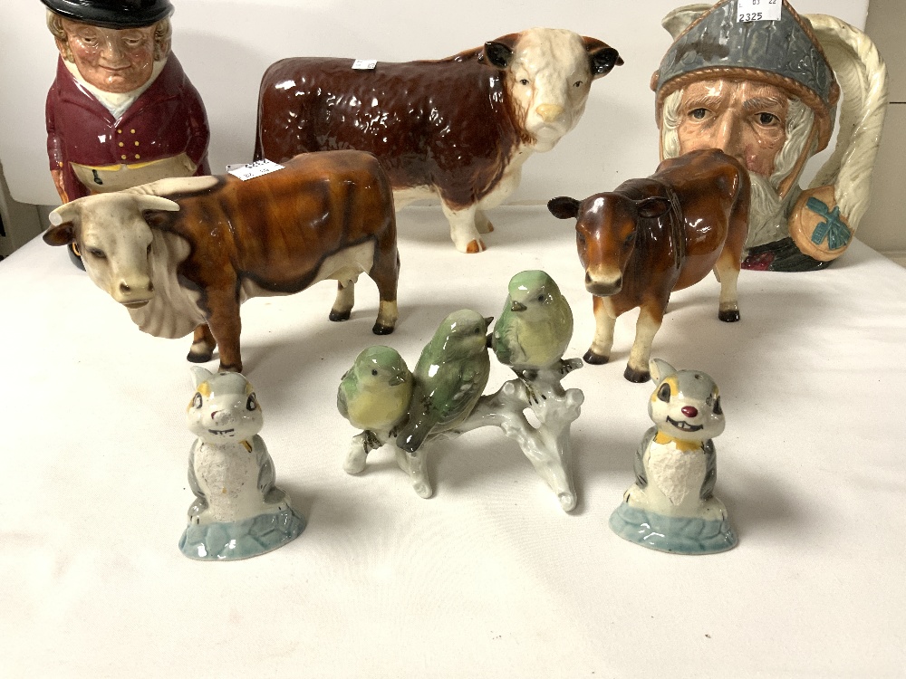 A ROYAL DOULTON CHARACTER MUG - DON QUIXOTE D 6455, THREE PORCELAIN BULLS, TOBY JUG AND DISNEY - Image 2 of 5