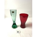 A WHITEFRIARS LEAD CRYSTAL GREEN GLASS WAISTED VASE, 22 CMS, AND A WHITEFRIARS RUBY RED GLASS VASE.